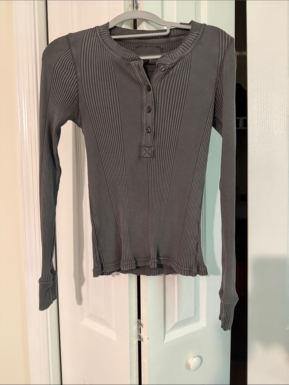 aerie Ribbed Henley Long-Sleeve Top in Gray
